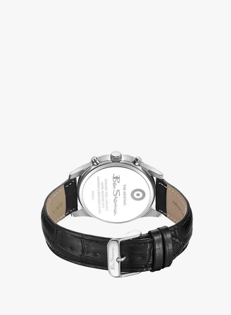 Ben Sherman Black - Silver Case Cambridge Black Dial Black Genuine Leather Strap Chronograph Watch for Men, 42mm for Men | Best Price UAE