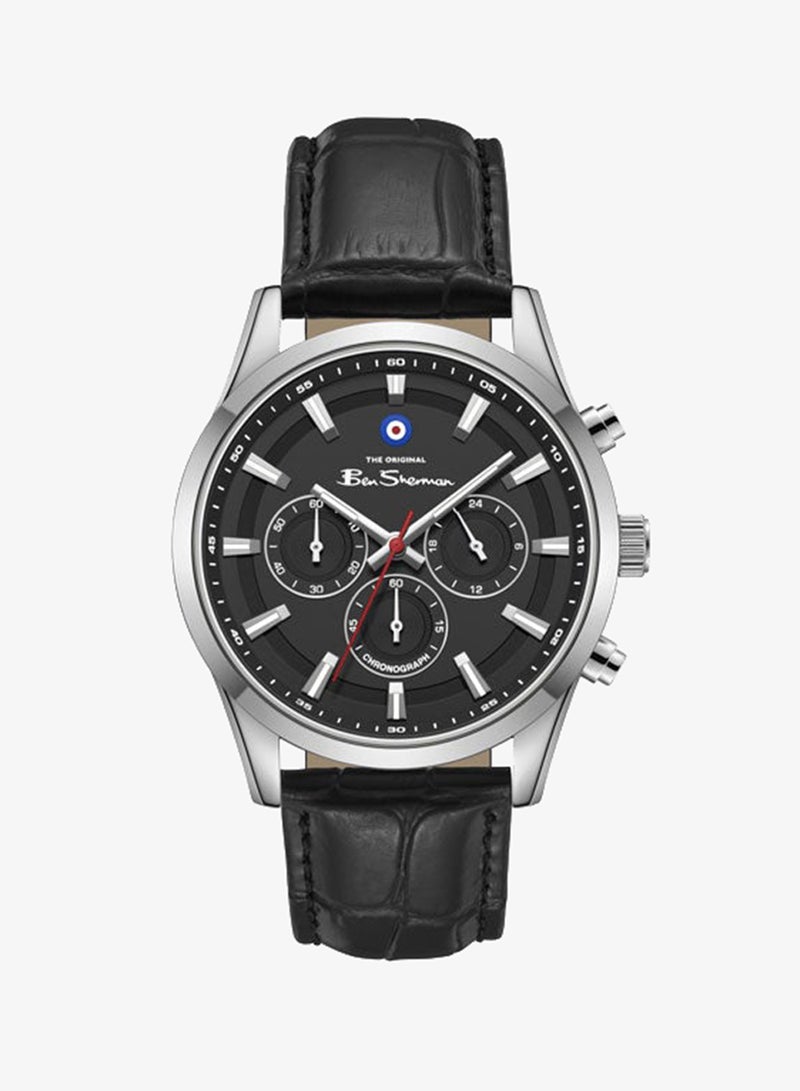 Ben Sherman Cambridge Black Dial Black Genuine Leather Strap Chronograph Watch for Men, 42mm - Image 1