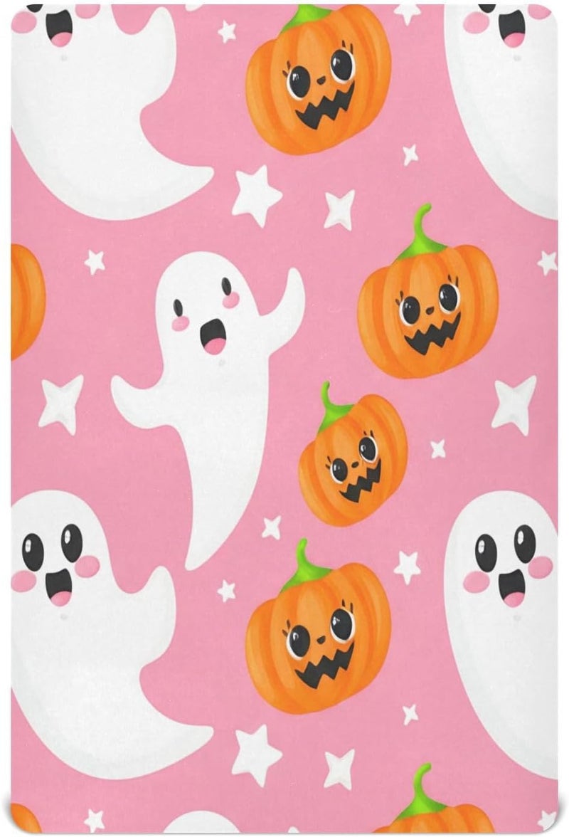 Halloween Boo Pink Pumpkins Crib Sheets for Boys Girls Ultra Soft Breathable Baby Crib Sheet Fitted Crib Sheets for Standard Size Crib and Toddler Mattresses, 52 x 28 Inch - Image 1