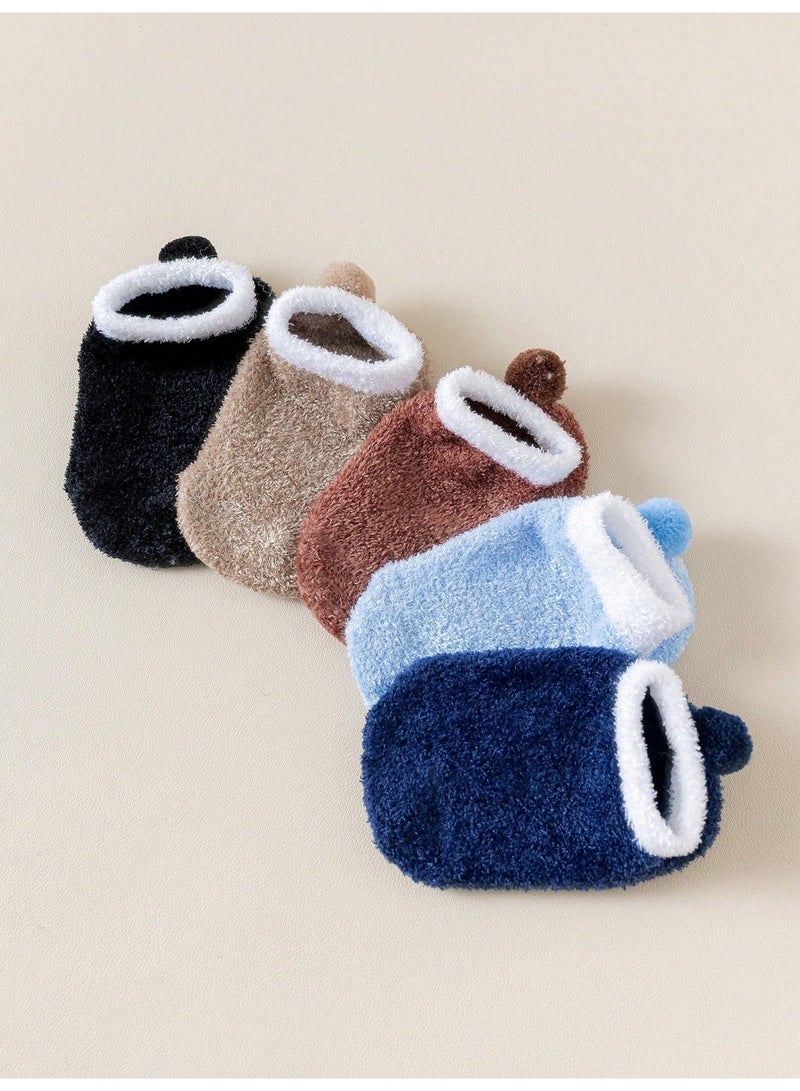 socks for baby 5 Pairs Toddler Kids Fuzzy Non Slip Grip Slipper Socks Warm Fleece Pom Pom Cold Protection for Autumn and Winter Multicolor - Image 5