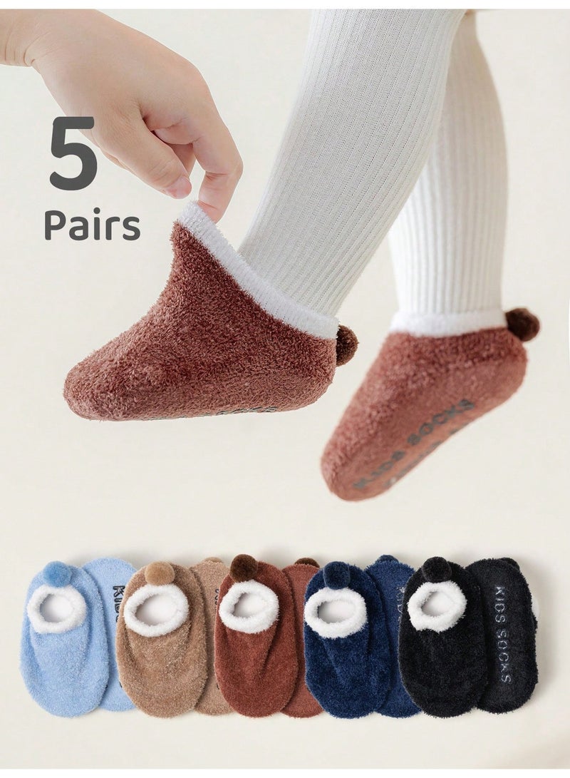 socks for baby 5 Pairs Toddler Kids Fuzzy Non Slip Grip Slipper Socks Warm Fleece Pom Pom Cold Protection for Autumn and Winter Multicolor - Image 2