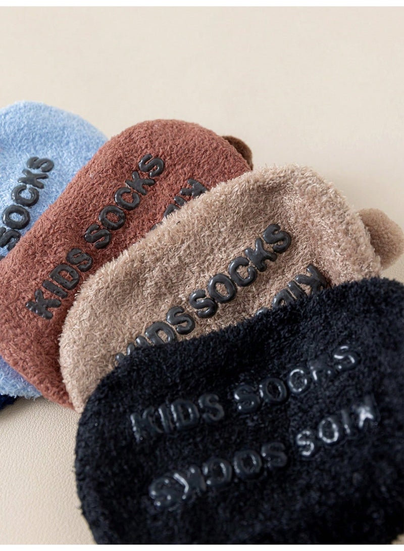 socks for baby 5 Pairs Toddler Kids Fuzzy Non Slip Grip Slipper Socks Warm Fleece Pom Pom Cold Protection for Autumn and Winter Multicolor - Image 3