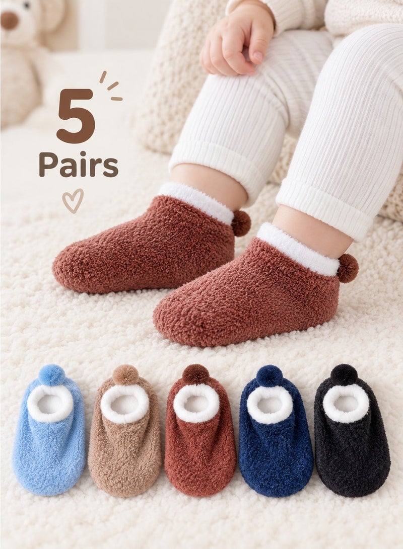 socks for baby 5 Pairs Toddler Kids Fuzzy Non Slip Grip Slipper Socks Warm Fleece Pom Pom Cold Protection for Autumn and Winter Multicolor - Image 1