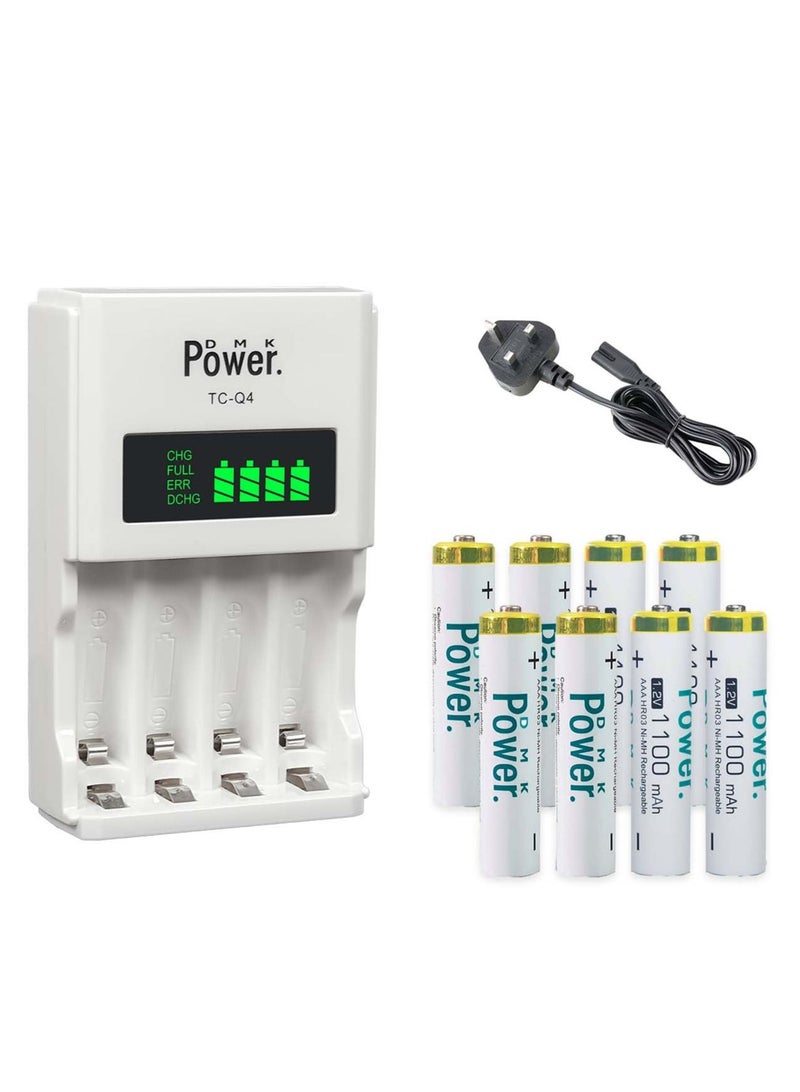 DMK Power 8pcs AAA 1.2V 1100mAh High Capacity Rechargeable Batteries and TC-Q4 AAA AA Four Slot Independent Intelligent Quick LCD Charger for Ni-MH/Ni-CD Rechargeable Batteries with 3pin UK Plug Cable - Image 1