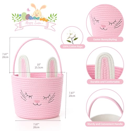 YMhoart Easter Basket with Handle Woven Baby Gifts Empty Bunny Basket For Girls Boys Kids Gift Baby Shower Wedding Flower (Pink) - Image 3