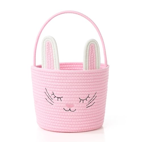 YMhoart Easter Basket with Handle Woven Baby Gifts Empty Bunny Basket For Girls Boys Kids Gift Baby Shower Wedding Flower (Pink) - Image 1