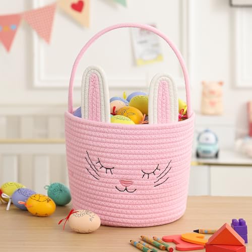 YMhoart Easter Basket with Handle Woven Baby Gifts Empty Bunny Basket For Girls Boys Kids Gift Baby Shower Wedding Flower (Pink) - Image 2