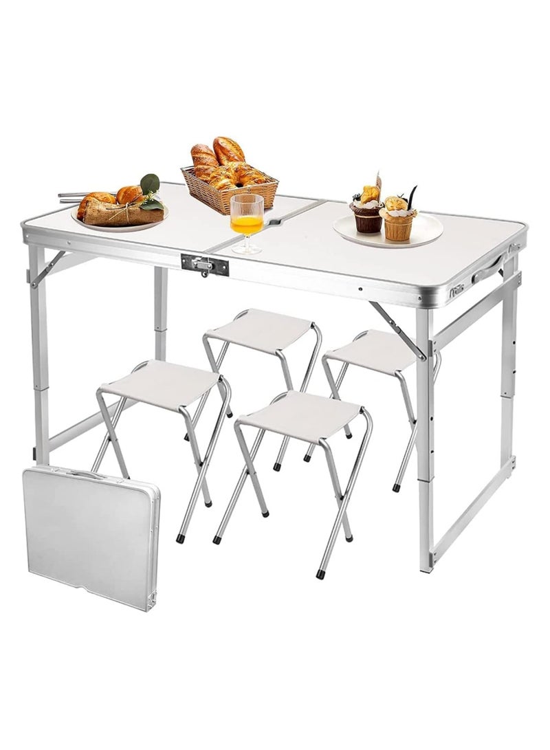 Organized Home Folding Camping Picnic Table Portable Outdoor Aluminum Table 4 Stools 3 Adjustable Heights Lightweight Dining Table for Grill BBQ Backyard and Beach - Image 1