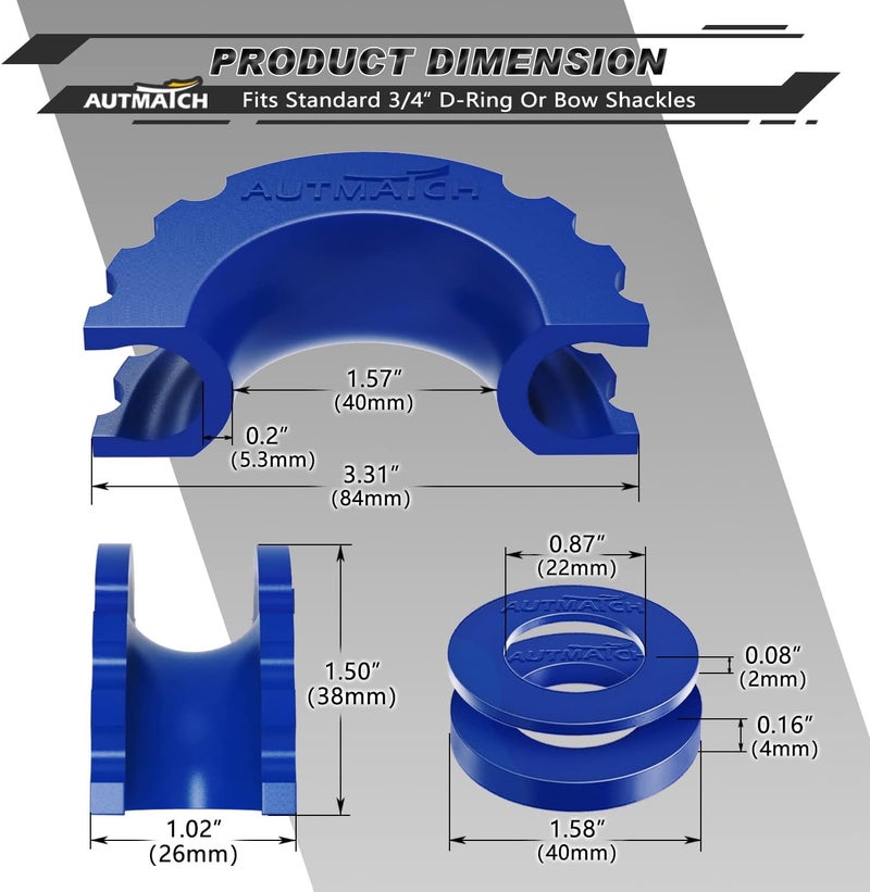 AUTMATCH D Ring Shackle Isolators Washers Kit - 2 Rubber Shackle Isolators with 8 Washers, Fits 3/4 Shackles Protect and Prevents Rattling, Shackle Cover Blue - Image 3