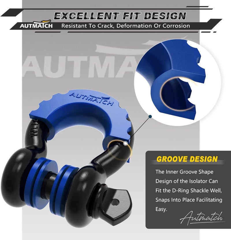 AUTMATCH D Ring Shackle Isolators Washers Kit - 2 Rubber Shackle Isolators with 8 Washers, Fits 3/4 Shackles Protect and Prevents Rattling, Shackle Cover Blue - Image 4