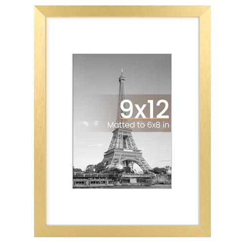 upsimples 9x12 Picture Frame Display Pictures 6x8 with Mat or 9 x 12 Without Wall Hanging Photo Frames Gold 1 Pack