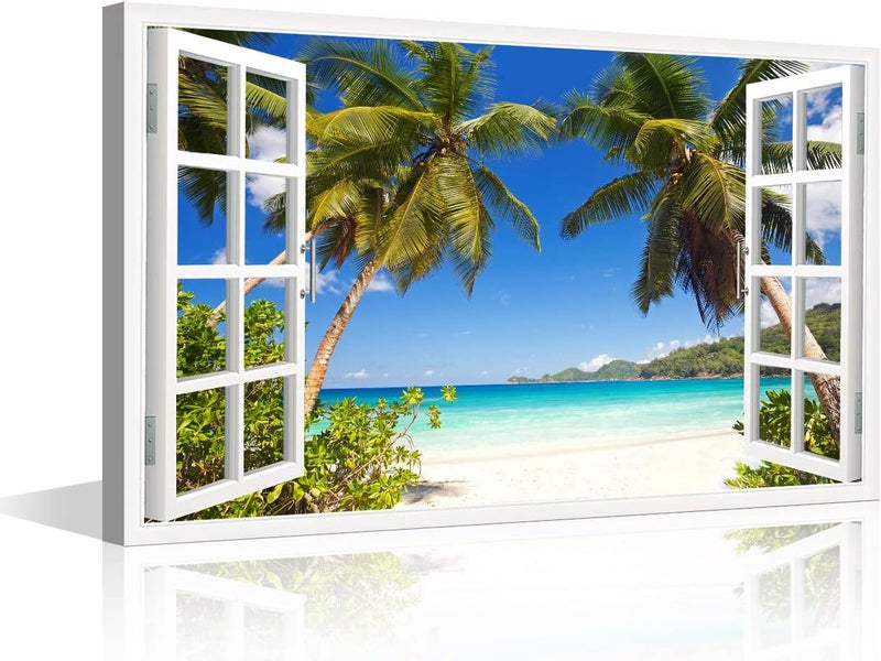 TISHIRON 3D Window Effect Canvas Art Wall Framed Modern Home Decor Beach Coconut Tree View Pictures for Home Living Room Dining Room Wall Decor Posters Prints Ready to Hang - 16" W x 24" H - Image 1
