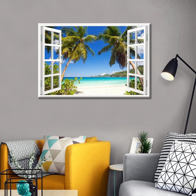 TISHIRON 3D Window Effect Canvas Art Wall Framed Modern Home Decor Beach Coconut Tree View Pictures for Home Living Room Dining Room Wall Decor Posters Prints Ready to Hang - 16" W x 24" H - Image 3