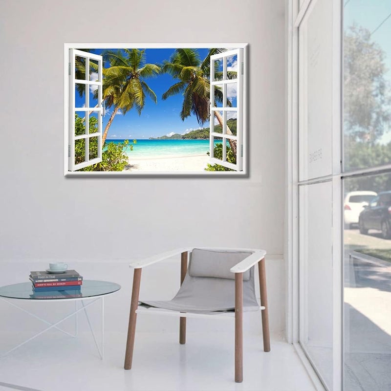 TISHIRON 3D Window Effect Canvas Art Wall Framed Modern Home Decor Beach Coconut Tree View Pictures for Home Living Room Dining Room Wall Decor Posters Prints Ready to Hang - 16" W x 24" H - Image 4