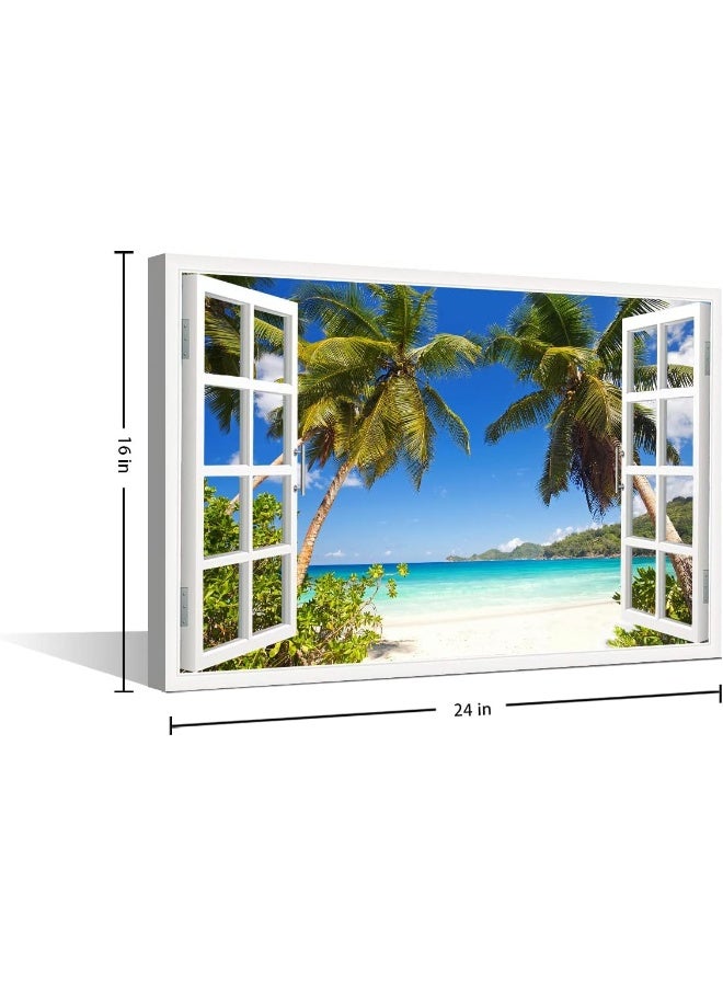 TISHIRON 3D Window Effect Canvas Art Wall Framed Modern Home Decor Beach Coconut Tree View Pictures for Home Living Room Dining Room Wall Decor Posters Prints Ready to Hang - 16" W x 24" H - Image 5