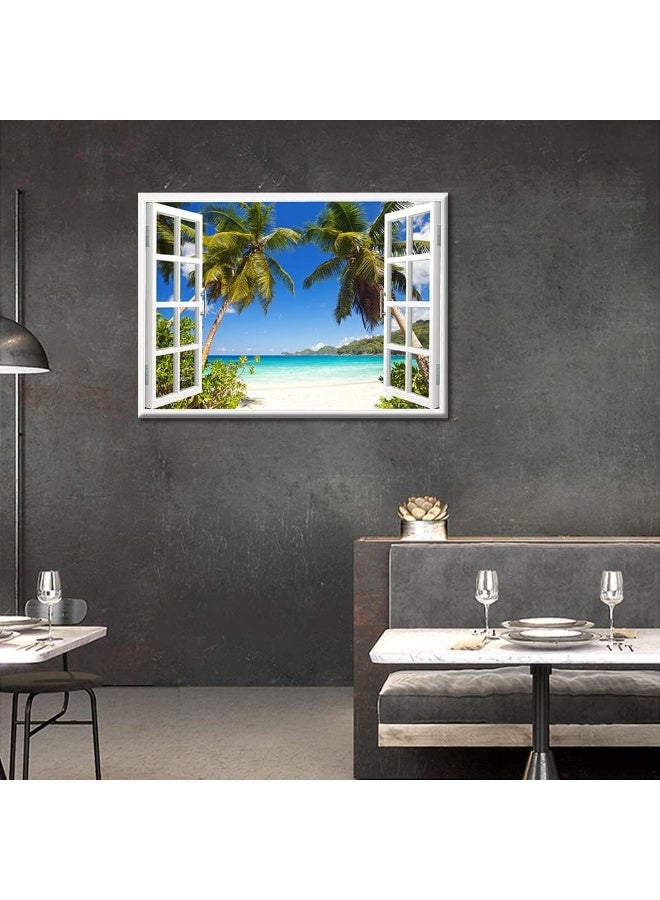 TISHIRON 3D Window Effect Canvas Art Wall Framed Modern Home Decor Beach Coconut Tree View Pictures for Home Living Room Dining Room Wall Decor Posters Prints Ready to Hang - 16" W x 24" H - Image 2