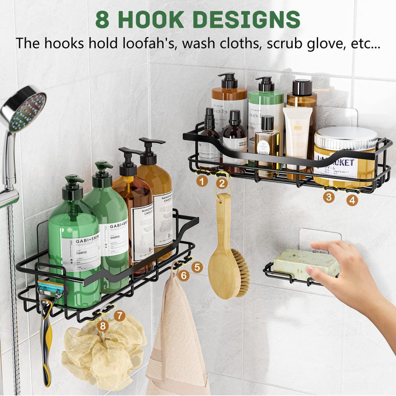 OMAIRA Shower Caddy Rack 3-Pack  Adhesive Shower Wall Organizer Shampoo Basket Holder with Soap Holder  Rustproof No Drilling Shower Shelves for Inside Shower Bathroom Organizer and Storage  Black(Large) - Image 5