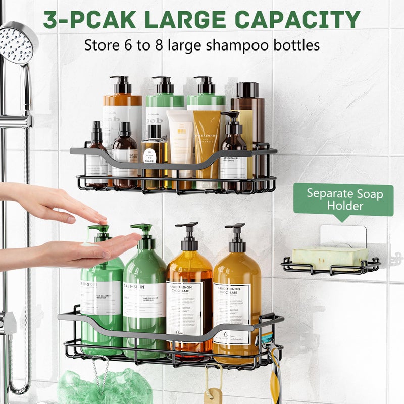 OMAIRA Shower Caddy Rack 3-Pack  Adhesive Shower Wall Organizer Shampoo Basket Holder with Soap Holder  Rustproof No Drilling Shower Shelves for Inside Shower Bathroom Organizer and Storage  Black(Large) - Image 2
