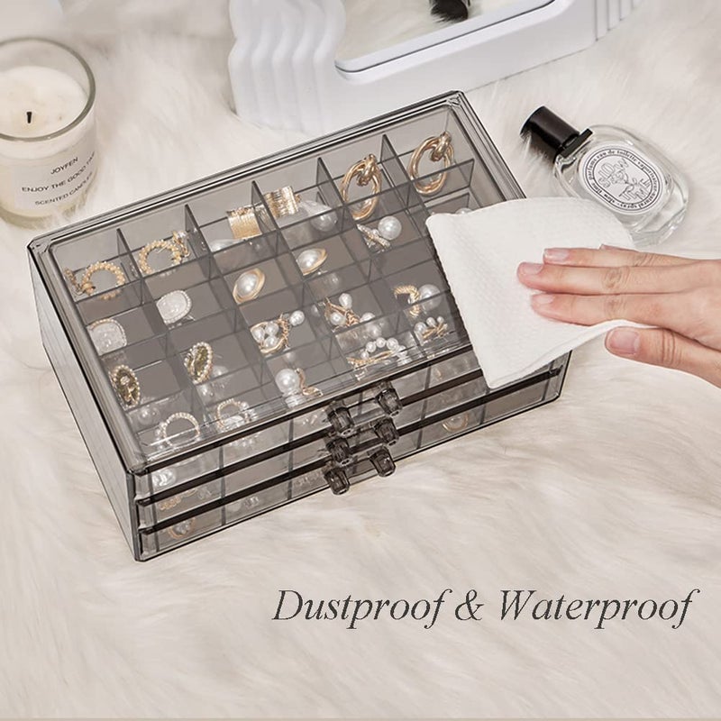 YUFONG Earring Storage Box Organizer 3 Drawers Acrylic Jewelry Storage Box Holder Transparent Jewelry Display Stand with 72 Small Compartments Gift for Women Girls (Clear Black) - Image 4