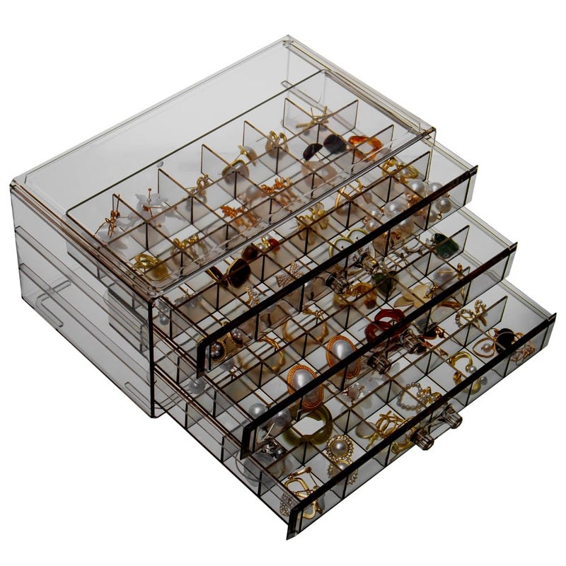 YUFONG Earring Storage Box Organizer 3 Drawers Acrylic Jewelry Storage Box Holder Transparent Jewelry Display Stand with 72 Small Compartments Gift for Women Girls (Clear Black) - Image 1