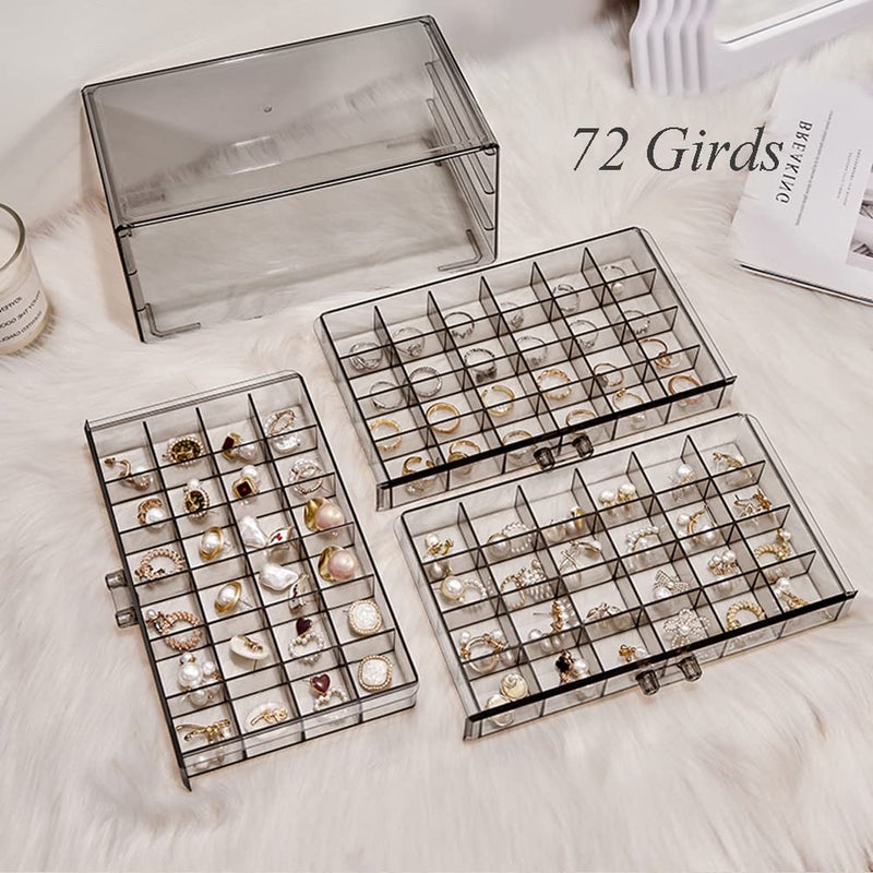 YUFONG Earring Storage Box Organizer 3 Drawers Acrylic Jewelry Storage Box Holder Transparent Jewelry Display Stand with 72 Small Compartments Gift for Women Girls (Clear Black) - Image 2