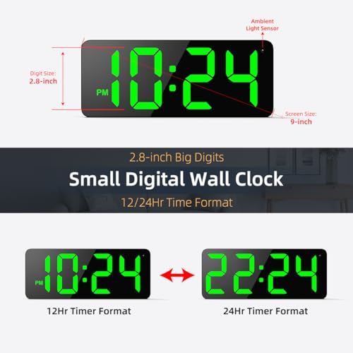 XUANZIT LED Digital Wall Clock with Large Display, Big Digits, Auto-Brightness, 12/24Hr Format, Modern Electric Small Silent Wall Clock for Living Room, Bedroom, Classroom, Farmhouse, Kitchen, Office - Green - Image 3