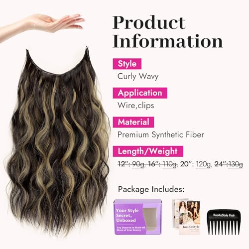 KooKaStyle Invisible Wire Hair Extensions with Transparent Headband Adjustable Size 4 Secure Clips Long Wavy Secret Wire Hairpiece 20 Inch Dark Brown with Blonde Highlights for Women - Image 3