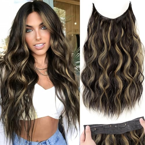 KooKaStyle Invisible Wire Hair Extensions with Transparent Headband Adjustable Size 4 Secure Clips Long Wavy Secret Wire Hairpiece 20 Inch Dark Brown with Blonde Highlights for Women - Image 1