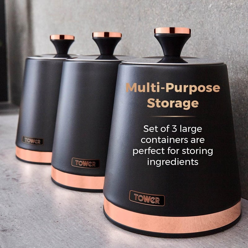 Tower T826131BLK Cavaletto Set of 3 Storage Canisters for Tea/Coffee/Sugar, Steel, Black and Rose Gold - Image 3