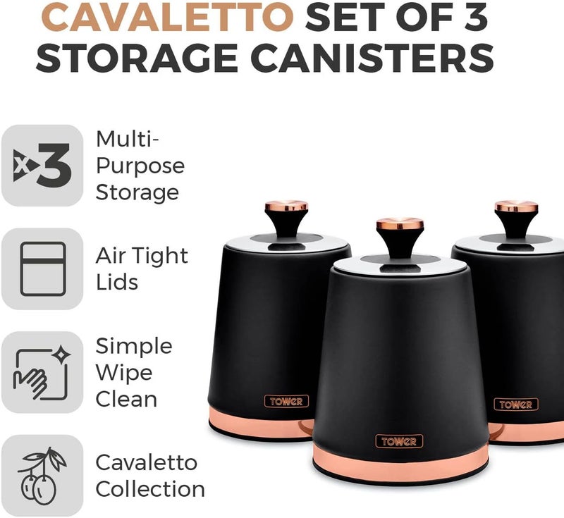 Tower T826131BLK Cavaletto Set of 3 Storage Canisters for Tea/Coffee/Sugar, Steel, Black and Rose Gold - Image 2