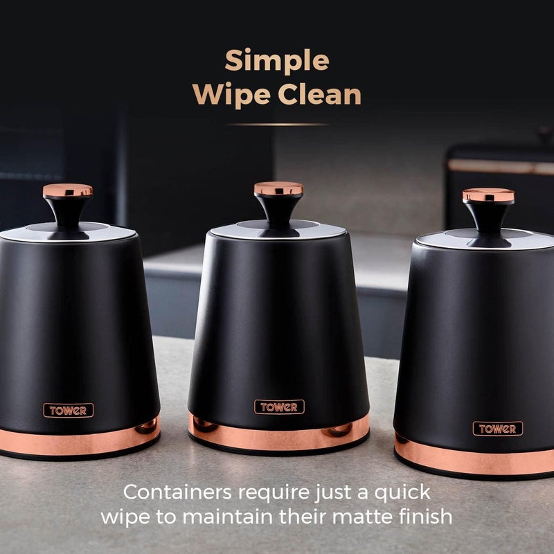 Tower T826131BLK Cavaletto Set of 3 Storage Canisters for Tea/Coffee/Sugar, Steel, Black and Rose Gold - Image 5
