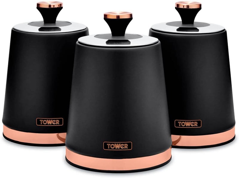 Tower T826131BLK Cavaletto Set of 3 Storage Canisters for Tea/Coffee/Sugar, Steel, Black and Rose Gold - Image 1
