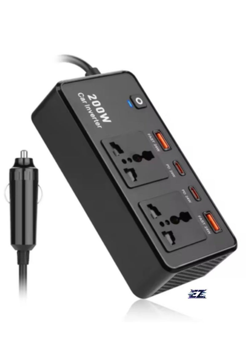ELTRAZONE Power Inverter Car Adapter 200W – 12V to 220V Voltage Converter for Electric Devices – Includes USB & Type-C Ports, Universal Charging for Laptops, Smartphones & More – Compact & Portable - Image 2