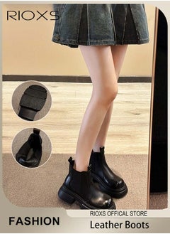 RIOXS Women's Classic Chelsea Boots, Stylish Round-toe Pull-On Lug Ankle Boots with Soft Soles, Ladies High-quality Fashion Ankle Booties, Comfortable Chunky Leather Boots, Versatile Enough to Suit Various Occasions  - Image 2