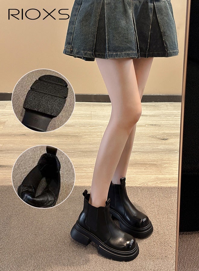 RIOXS Women's Chelsea Boots, Slip On Chunky Heel Woman Booties, 4cm Heeled Ankle Boots, Stylish Round-toe Pull-On Lug Ankle Boots for Women, Booties for Night out/ Work/ Office/ Company/ Weekend/ Trip/ Vacation/ Travel, Classic Black Booties Womens Footwear - Image 2