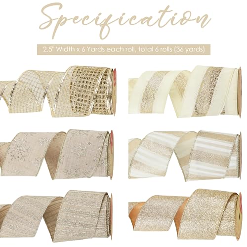 HUIHUANG Champagne Gold Christmas Ribbon Wired Champagne Glitter Christmas Tree Ribbons for Xmas Tree Wreaths Garlands Home Decor Wrapping 25 x 6 Rolls 36 Yds Total - Image 3