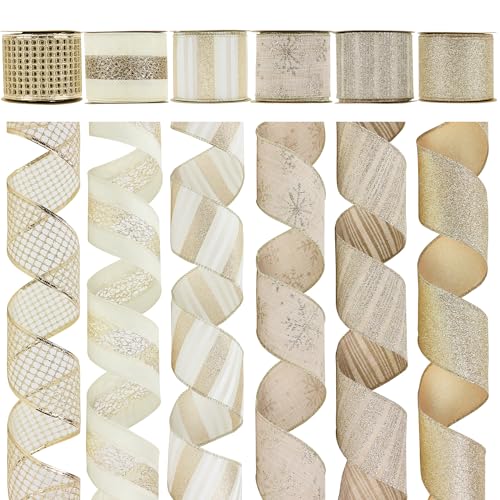 HUIHUANG Champagne Gold Christmas Ribbon Wired Champagne Glitter Christmas Tree Ribbons for Xmas Tree Wreaths Garlands Home Decor Wrapping 25 x 6 Rolls 36 Yds Total - Image 1