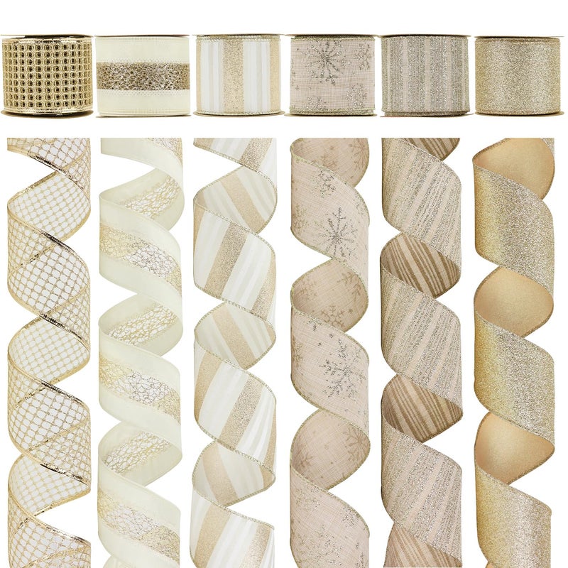 HUIHUANG Champagne Gold Christmas Ribbon Wired Champagne Glitter Christmas Tree Ribbons for Xmas Tree Wreaths Garlands Home Decor Wrapping 25 x 6 Rolls 36 Yds Total - Image 2
