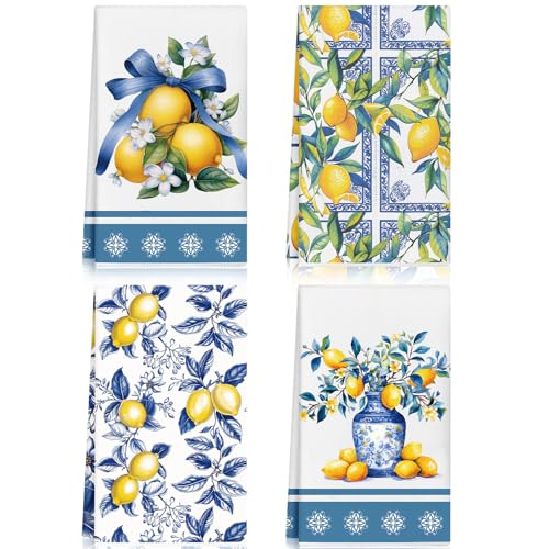 FuWeave Chinoiserie Lemon Kitchen Towels Set of 4 Summer Blue White Amalfi Coast Floral Hand Towel Mediterranean Decor Italian Blue Tiles Decorative Tea Towels 16x24 for Bathroom Housewarming Gift - Image 1