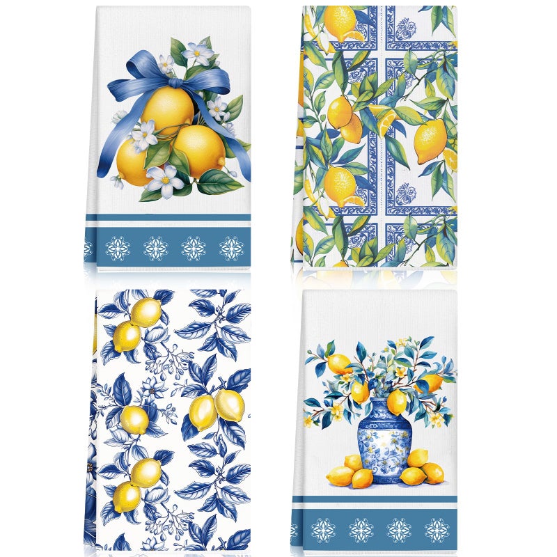 FuWeave Chinoiserie Lemon Kitchen Towels Set of 4 Summer Blue White Amalfi Coast Floral Hand Towel Mediterranean Decor Italian Blue Tiles Decorative Tea Towels 16x24 for Bathroom Housewarming Gift - Image 2