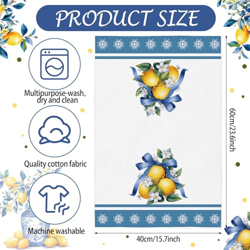FuWeave Chinoiserie Lemon Kitchen Towels Set of 4 Summer Blue White Amalfi Coast Floral Hand Towel Mediterranean Decor Italian Blue Tiles Decorative Tea Towels 16x24 for Bathroom Housewarming Gift - Image 3