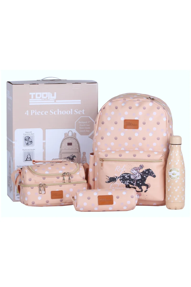 TOOLY School Set 4 Pcs, Polka Dot Backpack, Lunch Bag, Pencil Bag, Water Bottle