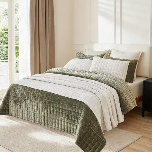 LR Rocaloca Luxurious Velvet Quilt Oversize King Size Set 120"x128" Ultra Soft Bedding Set Quilted Bedspread Coverlet with 2 Matching Pillow Shams for All Seasons,Cream White - Image 3
