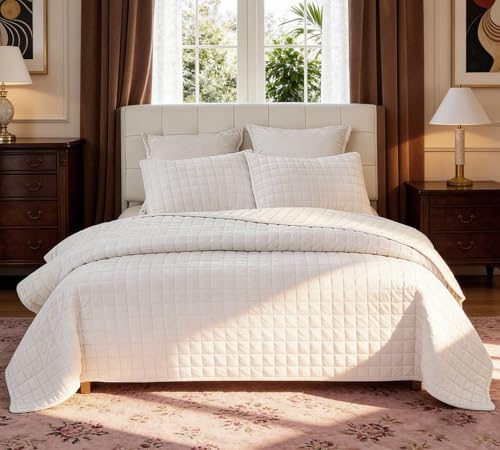 LR Rocaloca Luxurious Velvet Quilt Oversize King Size Set 120"x128" Ultra Soft Bedding Set Quilted Bedspread Coverlet with 2 Matching Pillow Shams for All Seasons,Cream White - Image 1