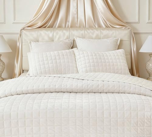 LR Rocaloca Luxurious Velvet Quilt Oversize King Size Set 120"x128" Ultra Soft Bedding Set Quilted Bedspread Coverlet with 2 Matching Pillow Shams for All Seasons,Cream White - Image 4