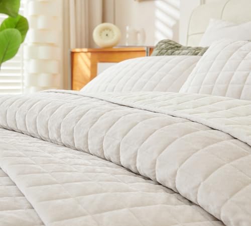 LR Rocaloca Luxurious Velvet Quilt Oversize King Size Set 120"x128" Ultra Soft Bedding Set Quilted Bedspread Coverlet with 2 Matching Pillow Shams for All Seasons,Cream White - Image 2