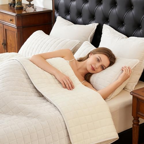 LR Rocaloca Luxurious Velvet Quilt Oversize King Size Set 120"x128" Ultra Soft Bedding Set Quilted Bedspread Coverlet with 2 Matching Pillow Shams for All Seasons,Cream White - Image 5