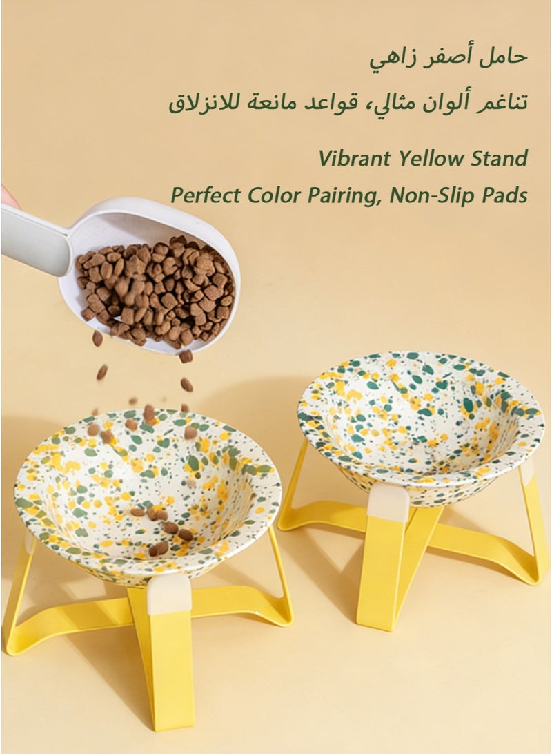 Splash Art Elevated Ceramic Cat Bowl - Green & Yellow Abstract Design | High-Temperature Ceramic | Bright Yellow Iron Stand with Non-Slip Pads | Ergonomic Height | Detachable - Image 3