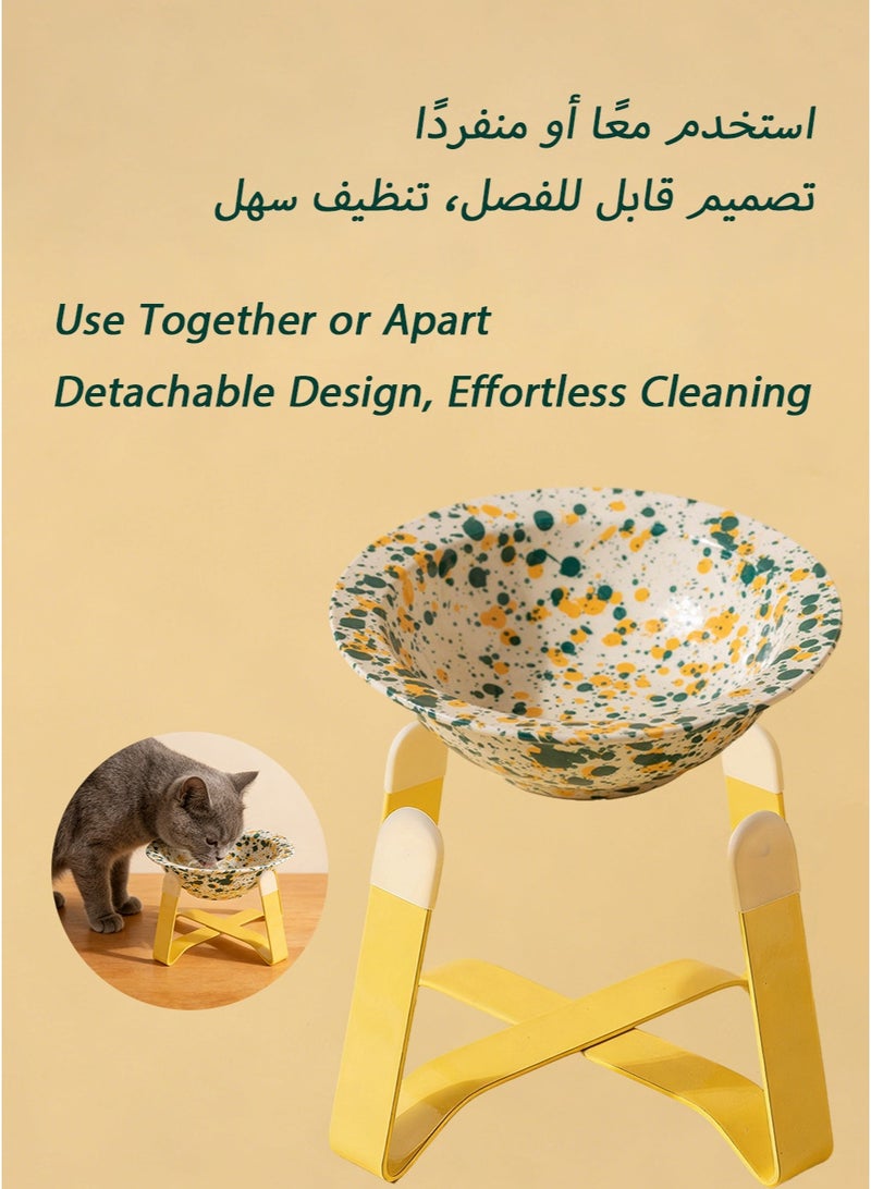 Splash Art Elevated Ceramic Cat Bowl - Green & Yellow Abstract Design | High-Temperature Ceramic | Bright Yellow Iron Stand with Non-Slip Pads | Ergonomic Height | Detachable - Image 5