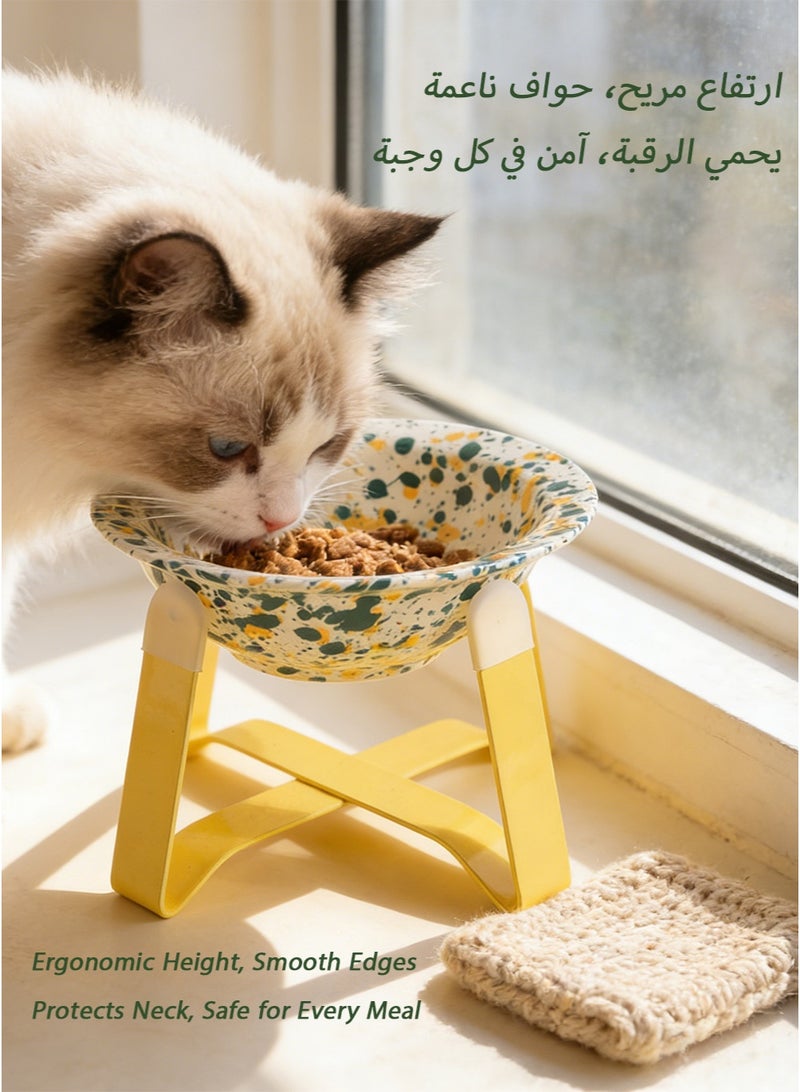 Splash Art Elevated Ceramic Cat Bowl - Green & Yellow Abstract Design | High-Temperature Ceramic | Bright Yellow Iron Stand with Non-Slip Pads | Ergonomic Height | Detachable - Image 4